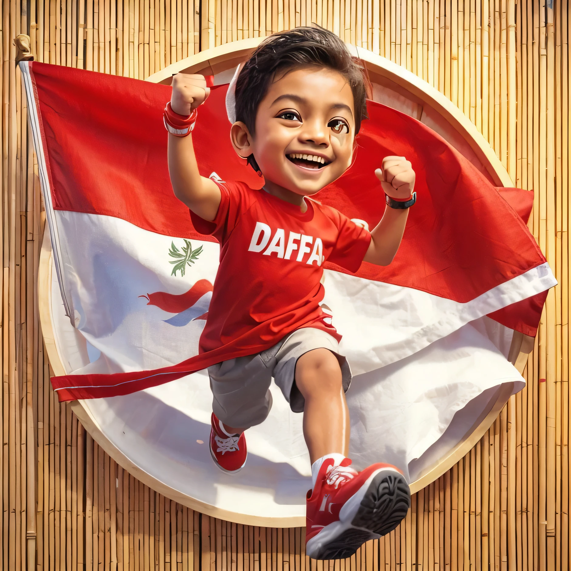 4D caricature of a 10 year old Indonesian boy, front view running happily chasing his dreams like a champion, his right hand clenched upwards and on his arm is a red and white ribbon. Indonesia is wearing a red t-shirt that says "DAFFA" and white pants and black shoes holding the Indonesian flag. in a complete circle with a sharp bamboo background of Indonesian independence.
Realistic Full HD 12K is very clear and super detailed.