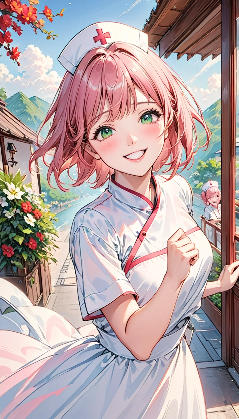 Short pink hair，Green eyes，1 girl，White nurse uniform，floating long dress，Upper Body，Facing the camera，Happy expression，Joyful atmosphere，Close-up of face，HD face，high quality，Open-air restaurant，