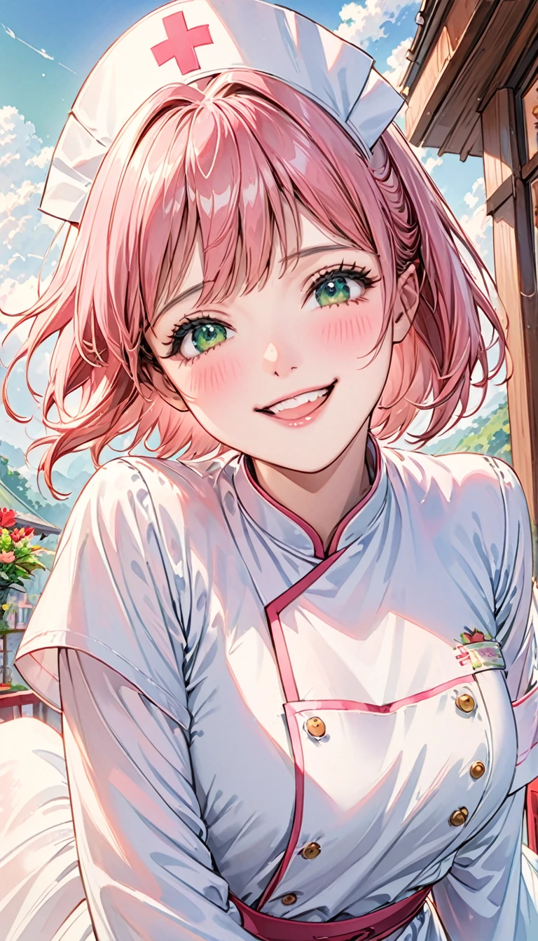 Short pink hair,Green eyes,1 girl,White nurse uniform,floating long dress,Upper Body,Facing the camera,Happy expression,Joyful atmosphere,Close-up of face,HD face,high quality,Open-air restaurant,