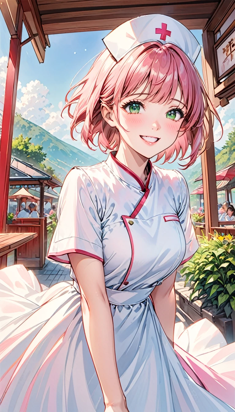 Short pink hair,Green eyes,1 girl,White nurse uniform,floating long dress,Upper Body,Facing the camera,Happy expression,Joyful atmosphere,Close-up of face,HD face,high quality,Open-air restaurant,