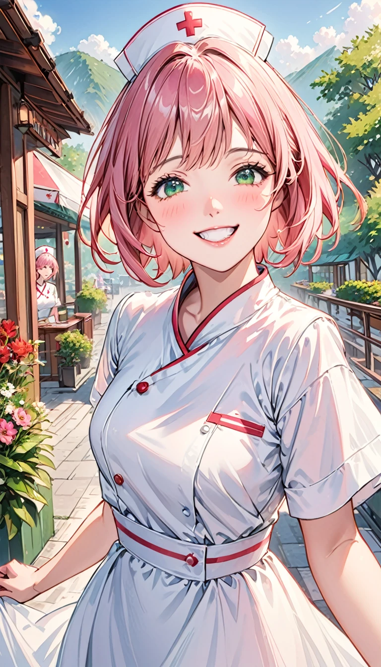 Short pink hair,Green eyes,1 girl,White nurse uniform,floating long dress,Upper Body,Facing the camera,Happy expression,Joyful atmosphere,Close-up of face,HD face,high quality,Open-air restaurant,