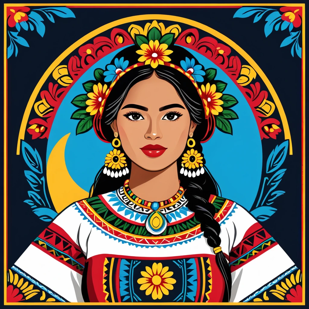 woman in guatemala folk outfit, vector graphics, strong contours, logo design
