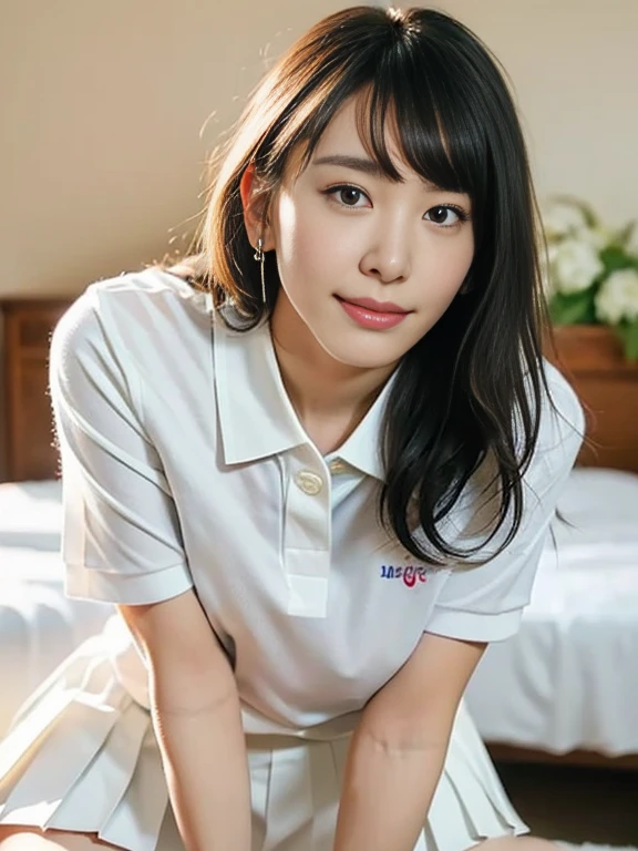 (Masterpiece, Best quality:1.4), (Ultra realistic, Photo-realistic:1.2), Full body, (All fours:1.2), Looking at viewer, Natural light, 25 years old actress, Japanese women, Neat and clean, ((Wearing white tennis uniform, White short-sleeve polo shirt with collar, Not buttoning the polo shirt, White pleated tennis skirt:1.3)), Wearing white sock, (Ponytail:1.2), Short wavy hair, Black hair color, (Beautiful face), Oval face, clear, Beautiful eyes, Kind eyes, Clear skin, Small face, Beautiful mouth, Small mouth, Natural makeup, Approachable, Seductive smile, (Seductive pose:1.3), (Beautiful thighs:1.1), (Bedroom eyes:1.3), Embarrassed, Blush, Luxury hotel Suite room, On bed,