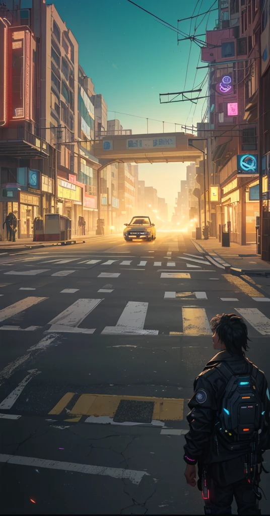 there is a car driving down the street in front of a building, city street cinematic lighting, city street view background, futuristic city street, cyberpunk city street background, street background, futuristic street, photorealistic streetscape, dusty street, cyberpunk city street, city streets, modern city street, post - apocalyptic city streets, at a city street, foggy volumetric light morning