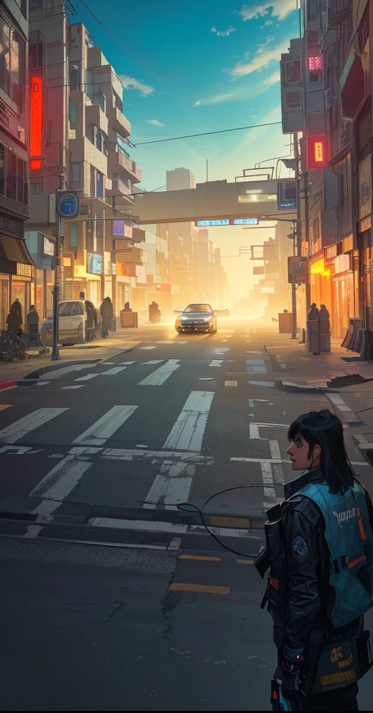 there is a car driving down the street in front of a building, city street cinematic lighting, city street view background, futuristic city street, cyberpunk city street background, street background, futuristic street, photorealistic streetscape, dusty street, cyberpunk city street, city streets, modern city street, post - apocalyptic city streets, at a city street, foggy volumetric light morning