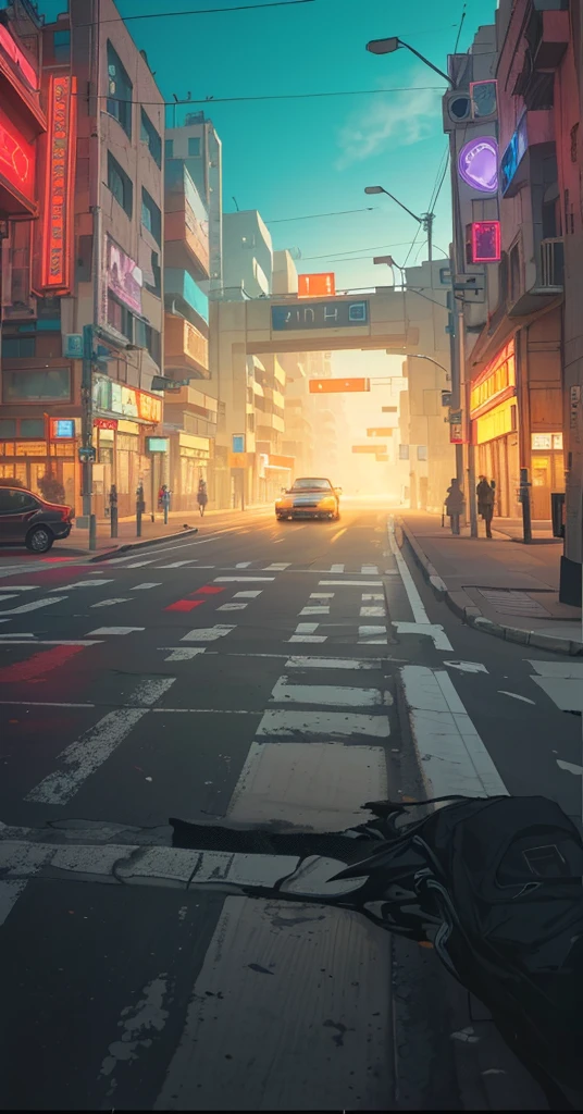 there is a car driving down the street in front of a building, city street cinematic lighting, city street view background, futuristic city street, cyberpunk city street background, street background, futuristic street, photorealistic streetscape, dusty street, cyberpunk city street, city streets, modern city street, post - apocalyptic city streets, at a city street, foggy volumetric light morning