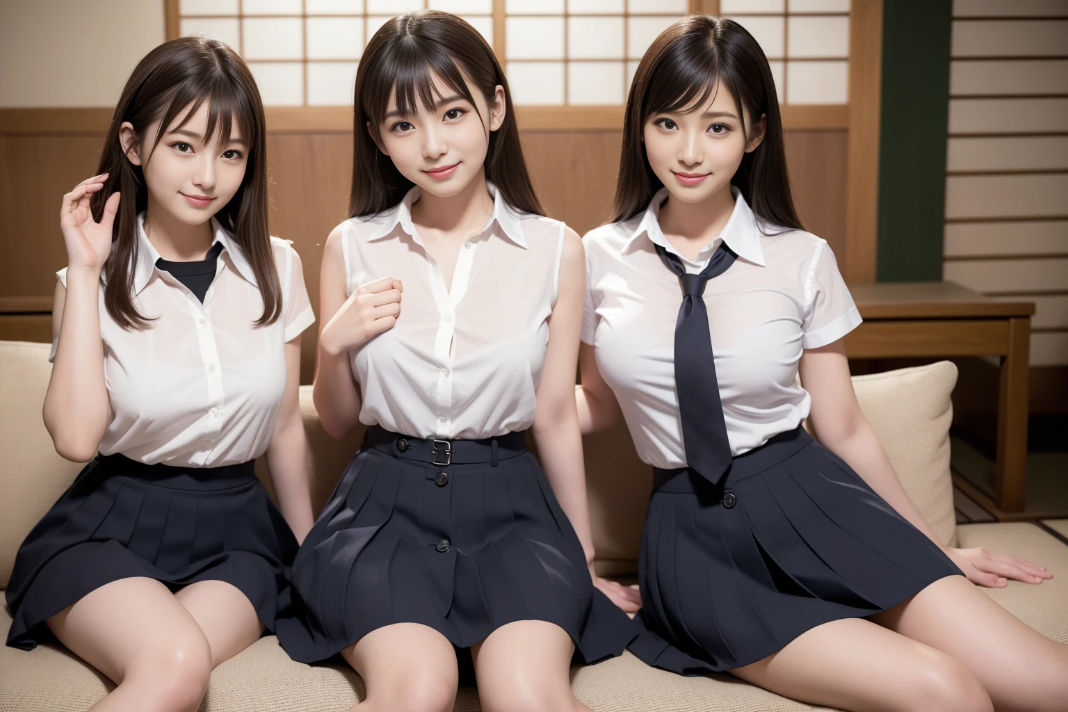 ((Highest quality, 8k, Masterpiece Details, Ultra-high resolution)), (Looking at the audience), (Full Shot:), 魅力的な5-peopleの女の子, 5-people, Slender:0.25, A white, sleeveless, see-through, tight shirt with buttons on the collar and chest., Grey tight skirt, (Sitting on the sofa), smile,Big Breasts、Erect nipples、(Elementary school girl in Japan:1.3), Adorable expression、Expressions of happiness、10 years old、height: 145cm、Baby Face、Amazingly cute、Cute type