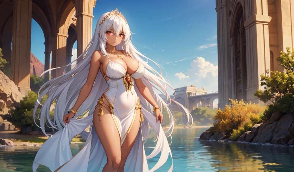 Adult woman with long white hair, dark skin, huge breasts and red eyes,Bare arms,gold tiara,necklace,Gold ornaments,White dress,thigh,Standing,White Rose,desert,River Water