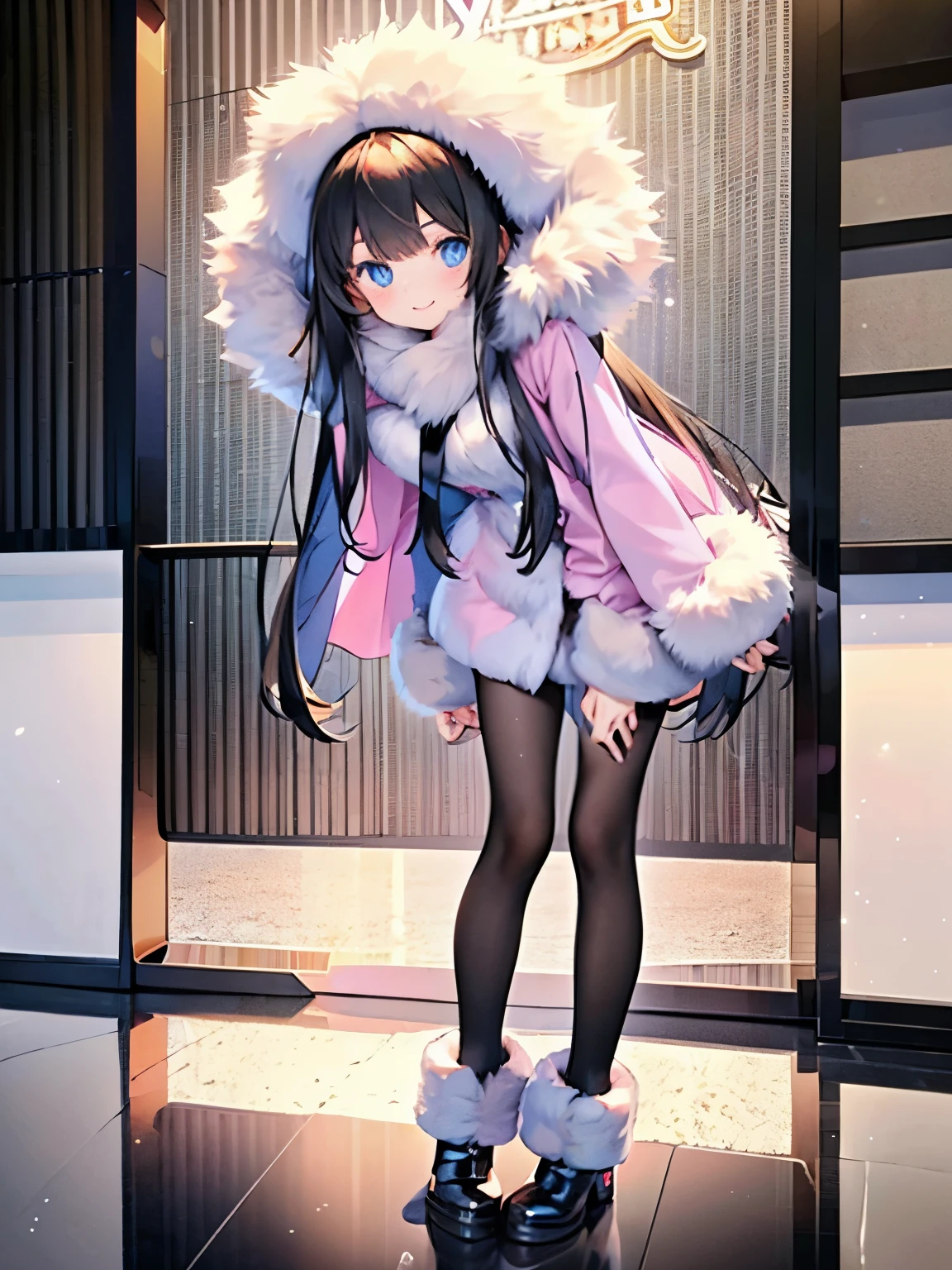 highest quality,(shoot from front),cute girl, black hair, long straight hair, blue eyes,smile face,(full body),((white fuffly fur)),wearing fur pink coat,((fur on the cuff of coat)),((fur on the hem of coat)),fur boots, winter city,stand up