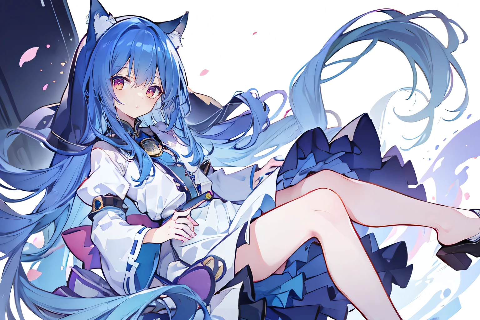 (masterpiece:1.2),Extremely detailed,Practical,expressive eyes,Fair skin,Perfect face shaping,1 Girl,
Japanese cartoons,Gorgeous blue hair, the long flowing blue hair,Floating clothes,Cat ears,Petals fall,beautiful lola,Young Angel,
Place your hands on your waist,sit elegantly on the ground,Cross your legs,Gentle and peaceful background,church,nun，Place your hand on your lips，Shy face。