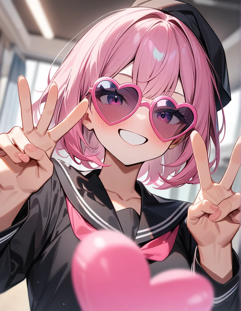 Short hair, pink hair, black school cap, black school uniform for men, double peace sign, smiling, pink heart-shaped sunglasses、masterpiece, High resolution, Highest quality, 