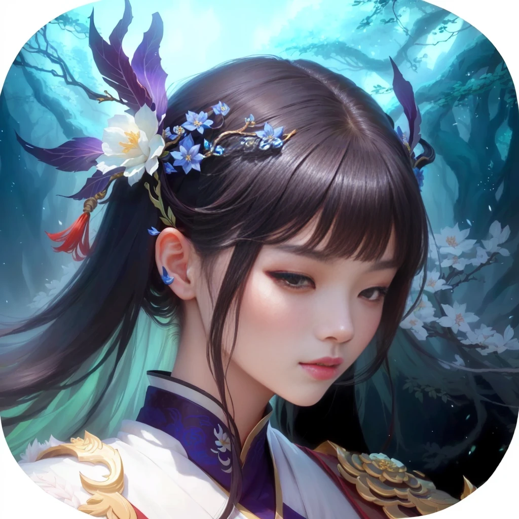 Close-up of a lady with a flower in her hair, Inspired by trees, heise jinyao, xianxia hero, yun ling, Inspired by Ju Lian, Xianxia fantasy, Inspired by Pu Hua, heise-lian yan fang, Inspired by Lan Ying, Xianxia, Inspired by Hong Ren, dragon