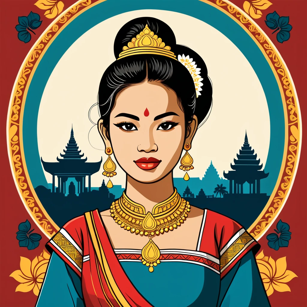 woman in cambodia folk outfit, vector graphics, strong contours, logo design
