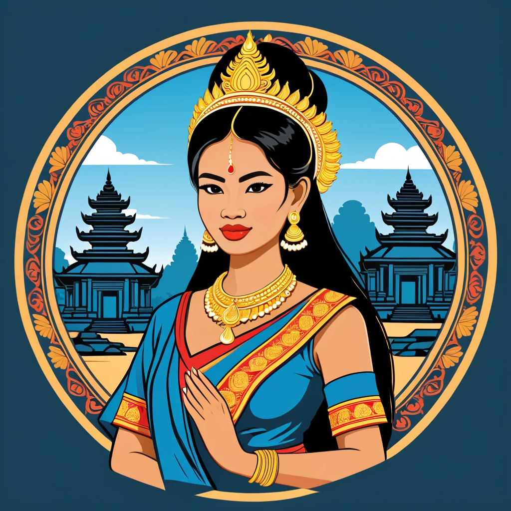 woman in cambodia folk outfit, vector graphics, strong contours, logo design