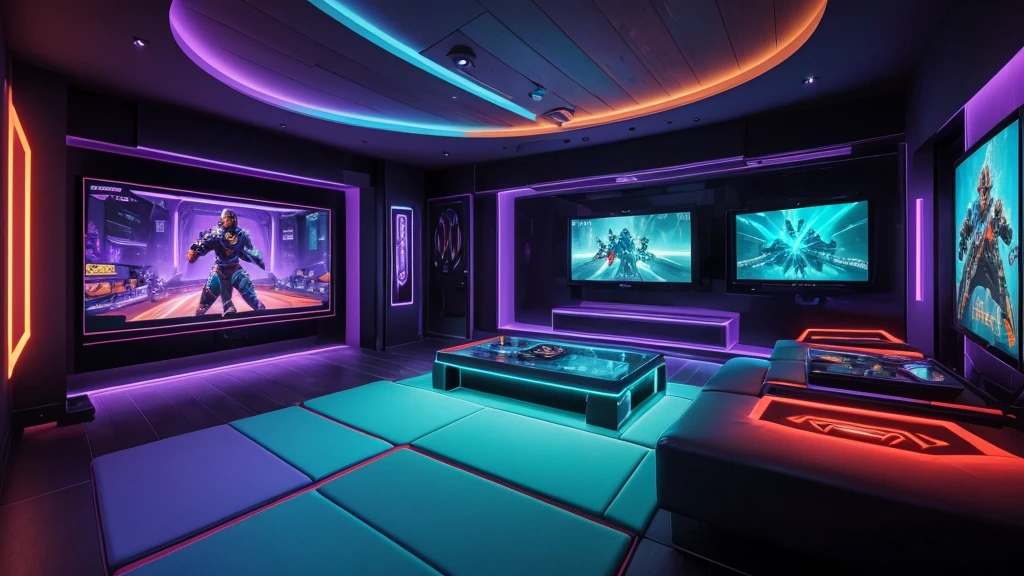 (Best quality,4K,8 k,High accuracy,Masterpiece:1.2),Very detailed,(real,photoreal,photo-real:1.37),Interior view of the games room in the evening,(Colorful,Well toned:Turquoise,blue,purple,orange,red) a night, [idea] For three people sitting preparing future games, Illuminated by the vibrant glow of RGB LEDs. [Multiple screens] Showing action scenes of intense games from virtual worlds. [via, Modern design:1.1] From the gaming console, With a polished finish and metallic accents. The room is full [Feeling excited], As are a person&#39;s eyes [Bright and focused:1.1] on the screen, Which reflects the attractive gameplay. The atmosphere is oozing [Energy and density], Enhanced by [The effects of smoke are subtle:0.9] Floating in the air. In the background, [Stylish posters and artwork] Decorate the walls, Showcase iconic gaming characters and immersive landscapes. The room is flooded [Moving, Vibrant lighting:1.1], Pour [Stunning shadows and highlights] On the player&#39;s face and surrounding areas. The color scheme transitions from deep blues and purples to fiery oranges and reds, Create something [Dream-like atmosphere]. The scene embodies the thrill and immersion of the gaming experience, Inviting the viewer to join this captivating virtual world.