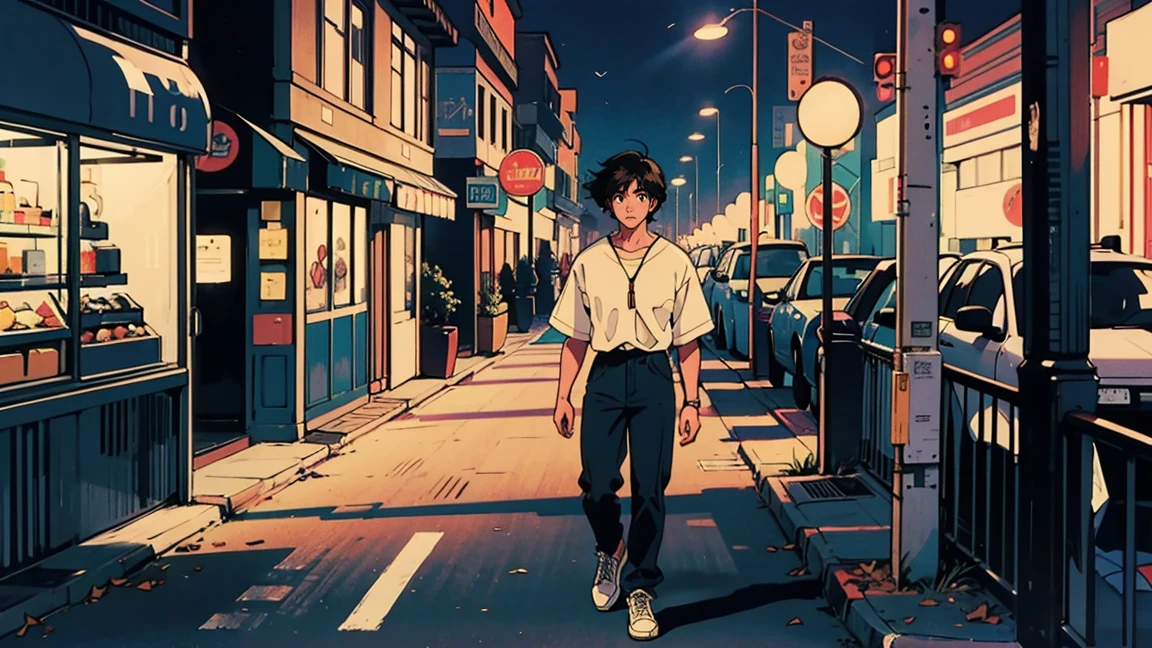 Highest quality, 8k, 1990s style,Hairstyles of the 2010s, 21 year old boy, black hair, Light brown eyes, City Pop, pants ,Night view, jazz, whole body, Streetscape