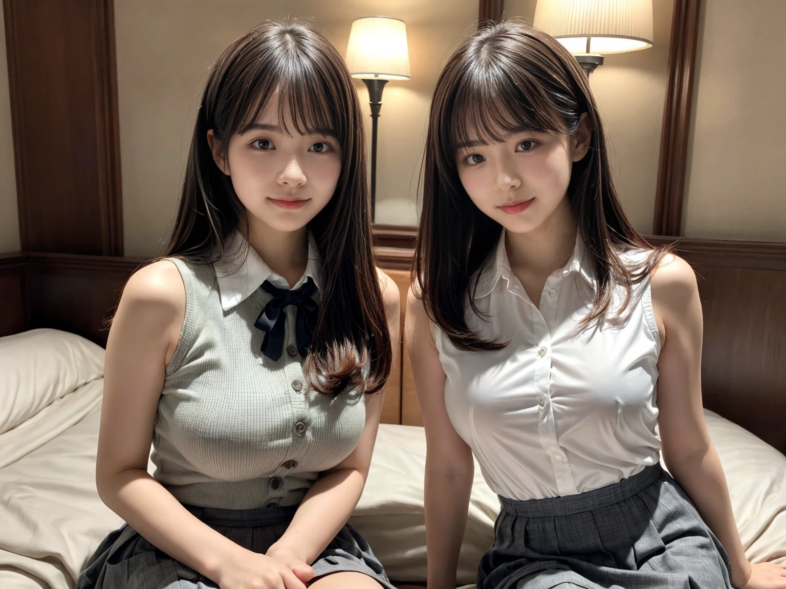 masterpiece, Highest quality, figure, Very detailed, The finer details, High resolution, 8k,wallpaper, Perfect dynamic composition,(Detailed high quality, Realistic depiction of eyes:1.3), (Three Girls), A white, sleeveless, see-through, tight shirt with buttons on the collar and chest., Grey tight skirt, Seraphim, Sitting, Leg spread, Short Bob Hair, In the background a hotel room, Deep in the field, Large Breasts, Black hair color, Big Natural Color Lip, (Perfect figure), smile、Harajuku Style、Elementary school girl in Japan:1.3), Adorable expression、Expressions of happiness、、height: 145cm、Baby Face、Amazingly cute、Cute type、Beautiful feet, Idol Sculpture、Big Breasts、Erect nipples