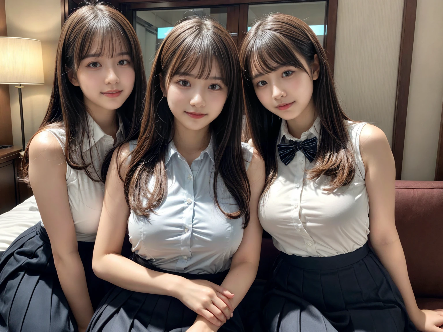 (8K, Raw photography, top-quality, ​masterpiece:1.2),  ((3 beatiful girls))、.（Realistic Skins 1.4）、（（（female high-school student、School Uniforms、）））、{{‎(The background is a luxury hotel room}}（（School Uniforms、white Cutter shirt、darkblue pleatedskirt))、（(long hair)）、((One has short hair)),（A dark-haired、The forehead is hidden by bangs、）、Black eyes、shinny skin.Beautiful delicate face、Beautiful delicate eyes、｛Voluptuous body shape、Thicker thighs｝、One piercing in each ear,((large breasts)), ((navy blue tie)) ,looking at camera, ((close up))