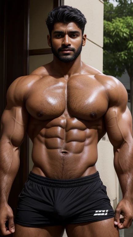 20 years old Desi mascular dark skin handsome jaat courier boy with wetty skin sweat is dripping from body huge wide muscular shoulders, wide chest, abs, masculine wide triceps, arms, biceps, big masculine legs, wide thighs, calfs, black-haired, hair falls on your face, Mesmerizing brown eyes, courier boy uniform