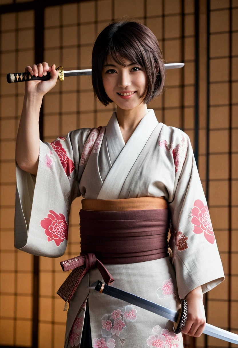 1 girl, alone, Japanese clothes, short hair, weapon, sword, brown eyes, look at viewer, kimono, brown hair, lips, hands on hips, sheath, smile, Katana, black hair, upper body, gag, sheathed, Raise your hand  