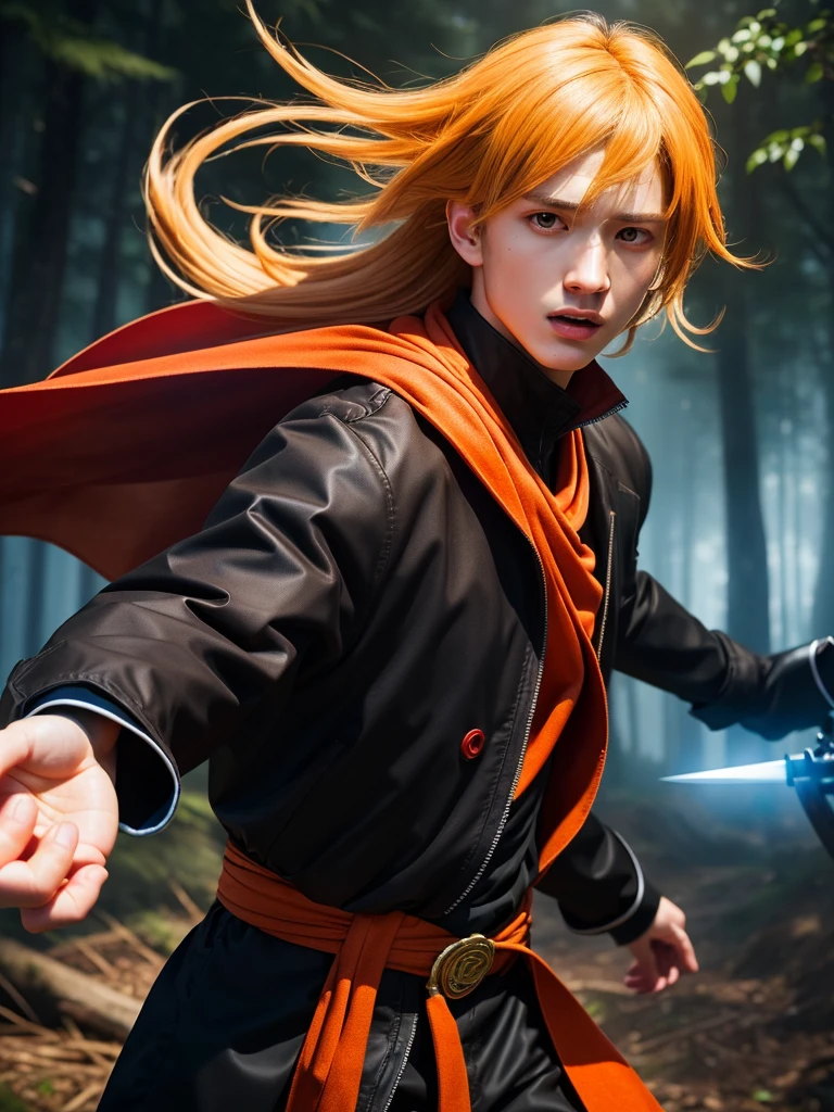 make to realistic, Extremely realistic, UHD, Focus, ((Best quality, 8K, Raw, Photography realistic:1.6)), (Masterpiece, Extremely high quality), (hyper realistic epic skin:1.5), A dynamic, high-energy image of a young man in an anime-inspired ninja outfit, featuring bright yellow spiky hair and striking orange pants. He is wielding a black kunai knife with a fierce expression, showcasing his intense determination. The background is a mystical forest with tall, dark trees, creating a dramatic atmosphere. The character wears a black jacket with a red scarf flowing in the wind, capturing a moment of action. Photorealistic style, vibrant colors, cinematic lighting, and sharp focus.