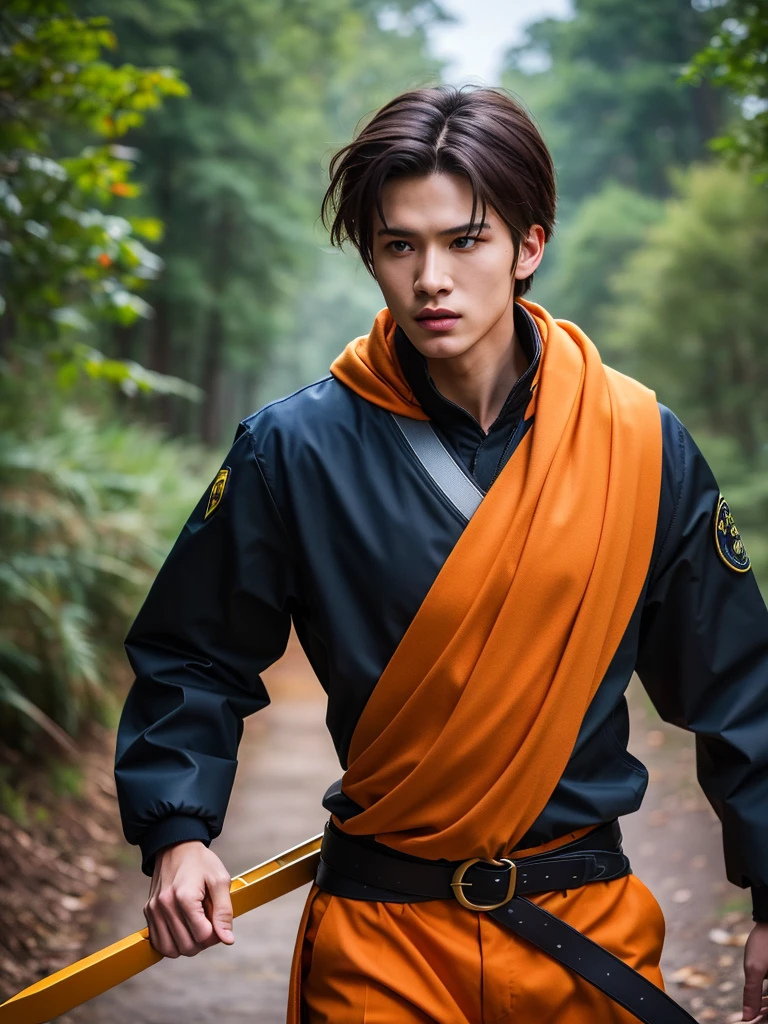 make to realistic, Extremely realistic, UHD, Focus, ((Best quality, 8K, Raw, Photography realistic:1.6)), (Masterpiece, Extremely high quality), (hyper realistic epic skin:1.5), A dynamic, high-energy image of a young man in an anime-inspired ninja outfit, featuring bright yellow spiky hair and striking orange pants. He is wielding a black kunai knife with a fierce expression, showcasing his intense determination. The background is a mystical forest with tall, dark trees, creating a dramatic atmosphere. The character wears a black jacket with a red scarf flowing in the wind, capturing a moment of action. Photorealistic style, vibrant colors, cinematic lighting, and sharp focus.