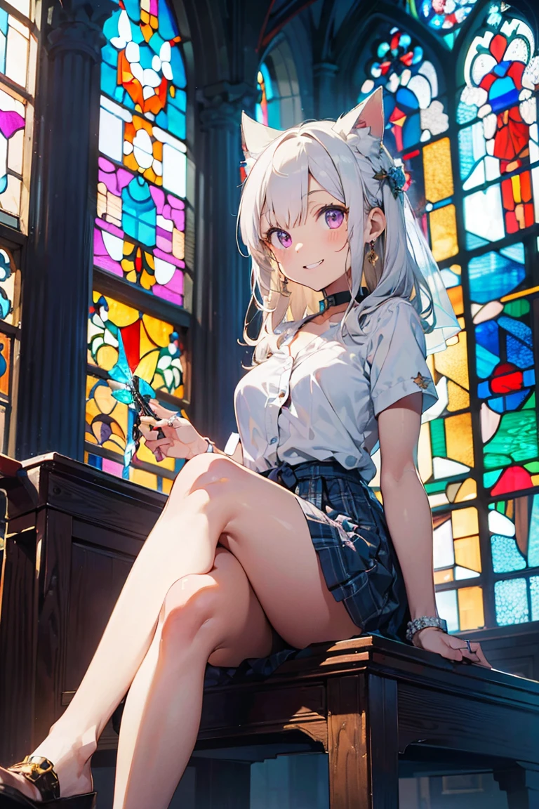 (((masterpiece))), (((Highest quality))), ((Very detailed)), ((Very detailedなイラスト)), ((Ultra-fine painting)), (16K Highest quality wallpaper:1.4), (Detailed and elaborate illustration style,:1.8) Detailed skin texture, High quality fabric, , (T-masterpiece), (Very detailedな顔:1.4), original, RAW Photos, Professional, Intricate details, Very detailed, Direct sunlight:1.6, ,(Cowboy Shot:1.9)、(Perfect Anatomy:1.4), (Extremely elaborate hands:1.2), (Very elaborate fingers:1.2), (Very elaborate fingers先:1.2),, (alone:1.6), (beautiful and adorable cat ears:1.6), (Intricate and delicate cat ears:1.4), (beautiful, Shiny white hair:1.6), (Very thin and delicate white hair:1.4),, (Very detailedな顔:1.4),(Light purple eyes:1.4),(smile:1.4),, whole body,Sit down、Waliza、((((((Sitting with legs crossed)))))))、
One Girl, bangs, black choker, black tie, blonde, blue skirt, blush, bracelet, chest, choker, clothes Surrounding area waist, clavicle, collared shirt, Cowboy Shot, dress shirt, ear Earrings, Eyebrows visible through hair, Gradient Hair, Grin, Improve, jewelry, Kogal, Long Hair, View your audience, loose tie, tie, Earrings, Plaid, Plaid skirt, pleated skirt, Red eyes, ring, , shirt, skirt, smile, alone, white shirt,
street, null, ((((Church with stained glass))))shape, (((Wedding dress)))、woman, Vibrant, Costumes, stop temporarily, front, colorful, dynamic, background, element, Be confident, performance, Holding, statement, accessories, Majestic, Coiled, Surrounding area, touch, scene, article, cover, bold, to attract attention, stylish,big, impressive, Modern, tendency, concentrate, fashion,