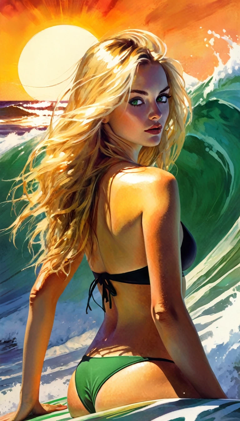 Woman, riding a surfboard, hand on the wave, very big wave, long blonde hair, sexy, messy hair,bikini, green eyes, bright pupils, sun (unparalleled beauty: 1.5), rear view, portrait, sharp focus , perfect hands, perfect light, eroticism, sexy, oil painting, sensual, photorealistic, intricate details, masterpiece, ultra detailed, high quality, 8k, best quality, realistic, cinematic, expressionist, powerful composition, emotional impact, art inspired by Bill Sienkiewicz

