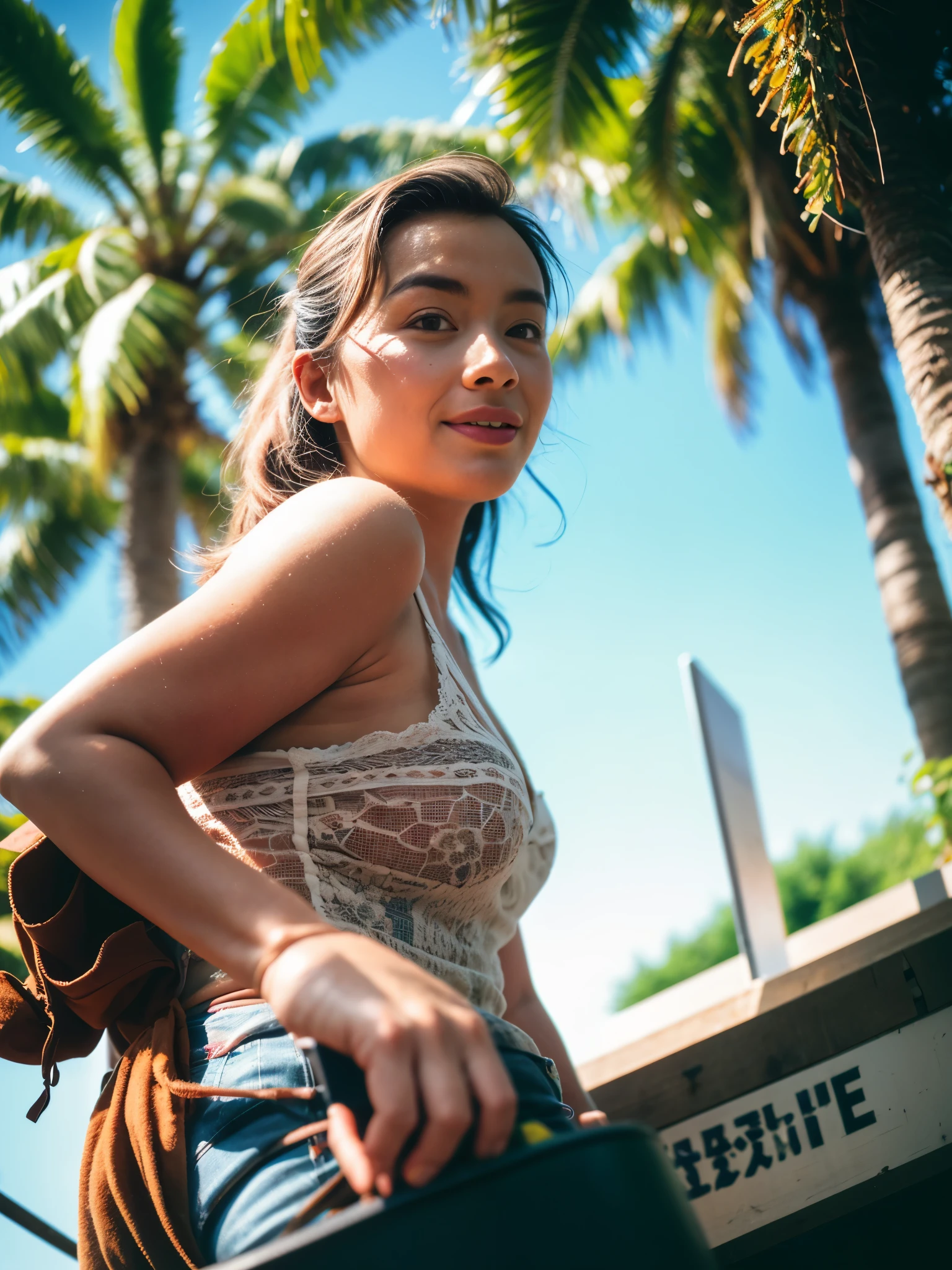 photo taken on expired 35mm analog film, a dutch angle, everyday life of a girl having summer fun, natural light, natural imperfect details, 35mm analog film colour aesthetics, 35mm analog film grain scratches and stains, with a beautiful face