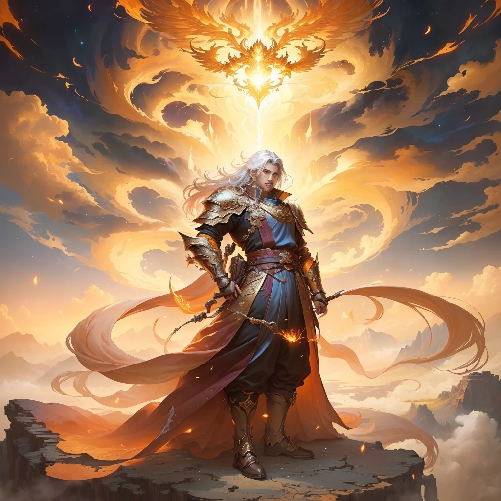 A painting,A man standing on the clouds in the painting,Holding a fire, author:Yang J, epic Fantasy art style hd, The God-Emperor of Humanity, Anime epic artwork, epic Fantasy art style, Epic fantasy digital art style, Anime fantasy illustration, Anime Fantasy Artwork, holy fire spell art, author:The Borun, Beautiful Celestial Mage, Fantasy art style,hansome,Handsome