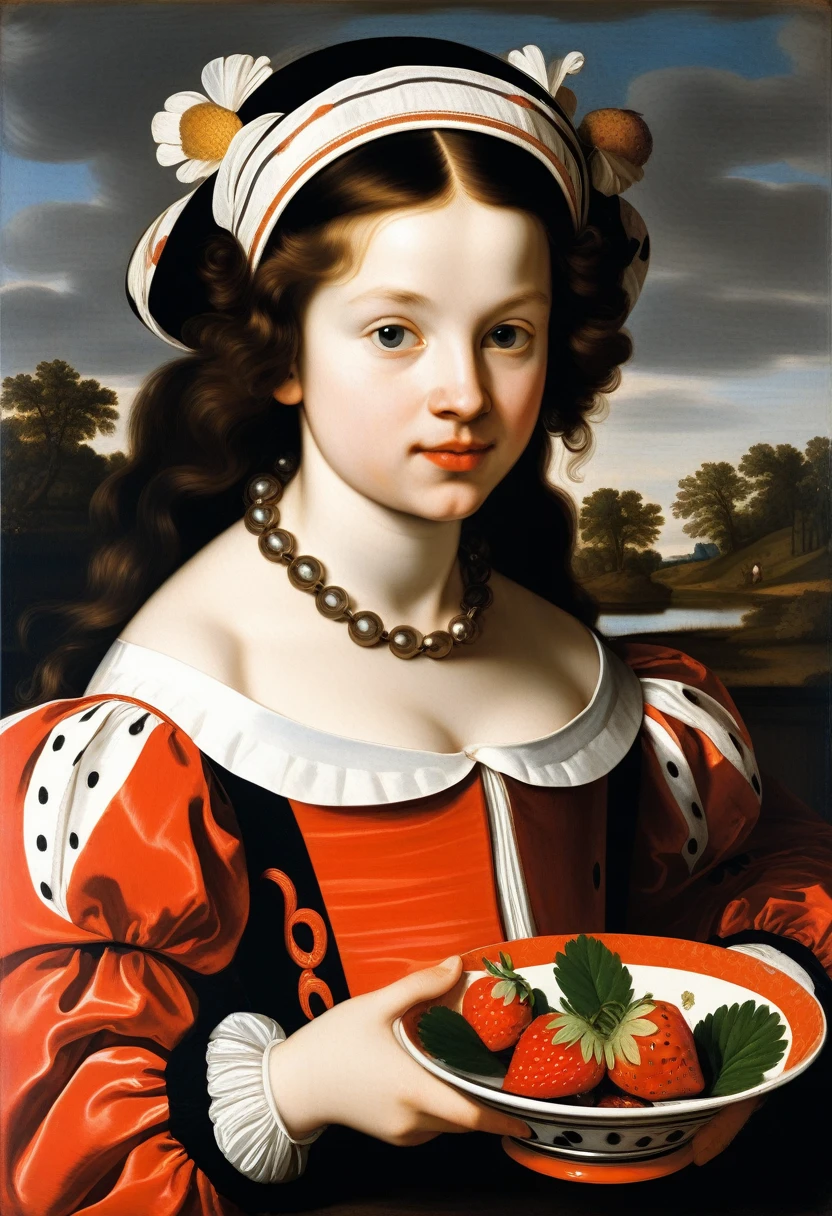 Girl with strawberry, correct details, 17th century, ((nicolaes maes detailing)), ((best quality)), ((masterpiece)), ((realistic)), (extreme detailing), ((nicolaes maes style))