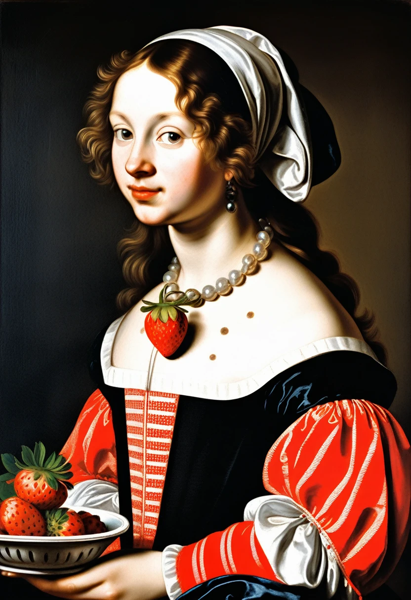 Girl with strawberry, correct details, 17th century, ((nicolaes maes detailing)), ((best quality)), ((masterpiece)), ((realistic)), (extreme detailing), ((nicolaes maes style))