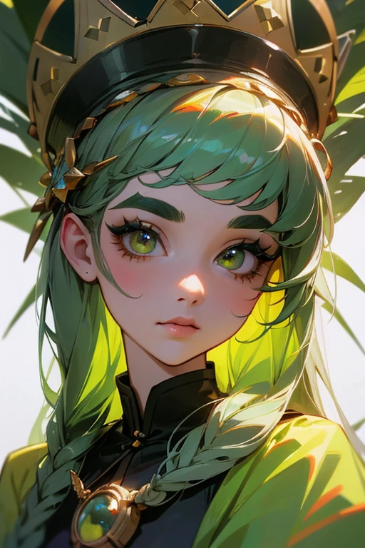 (Highest quality, masterpiece:1.2), High resolution, Very detailed, Realistic:1.37, Fantasy, An illustration, Green Eyes、Queen, Platinum decoration、beautifully、Eyeshadow Red、Thick eyebrows、Long eyelashes、pupils are black、Her hair is light green、Embarrassing、people々々々Loved by、Shoulder Bare、Braiding、((Swimwear)).(Save a face image),
