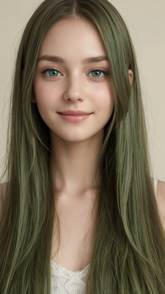 a girl. european. extremely detailed face. oval face. delicate features. long face. gentle eyes. green eyes. long straight hair. messy hair. green hair. smiling