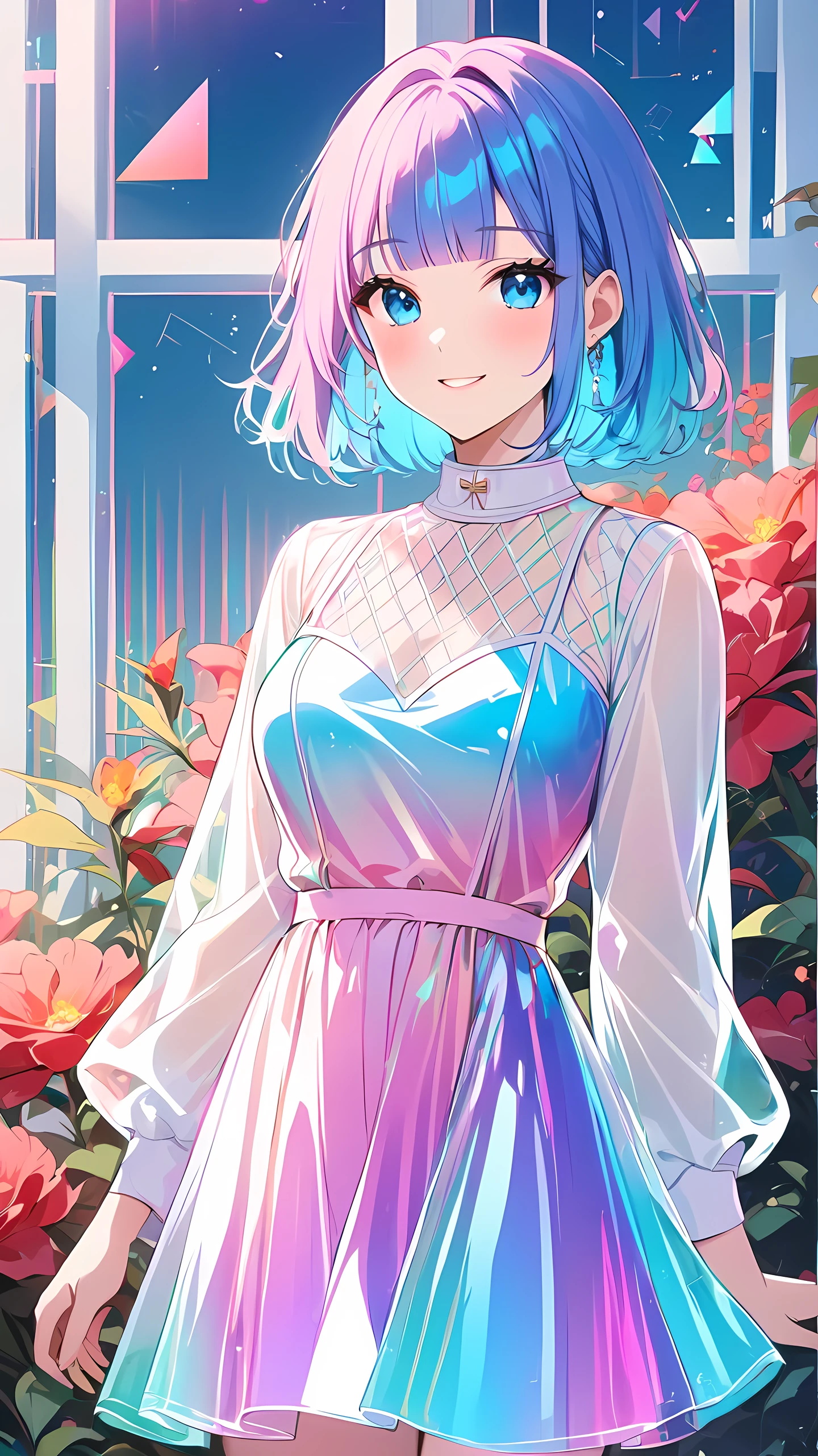 masterpiece, best quality:1.3, 1girl, pink and blue hair, medium hair, blunt bangs, dress, smile, long sleeves, flowers garden, soft focus ,transparent color PVC clothing, transparent color vinyl clothing, prismatic, holographic, chromati caberration, Double exposure,Chromatic Aberration, Light leaks, Noise and grain, Color degradation, Glitch lettering, geometry, clearlines, squares, bright, limited palette, {canonicalcomposition}, neat diagonal striped background, {{blue with white striped background}},{limited palette}, flat colored, blue and white,
