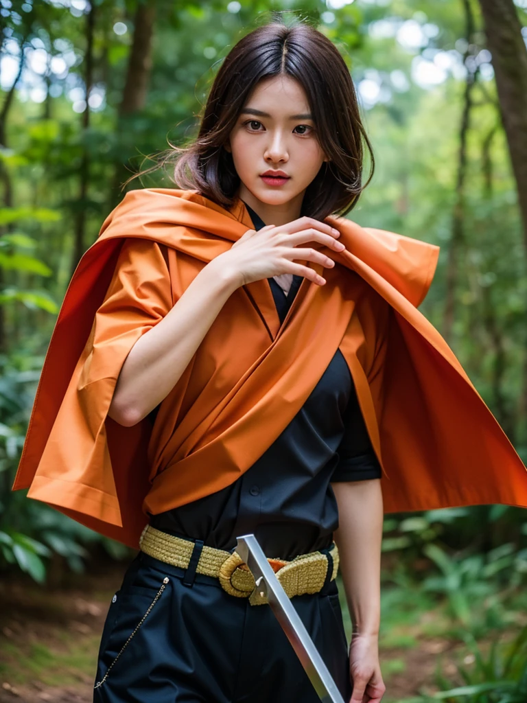 make to realistic, Extremely realistic, UHD, Focus, ((Best quality, 8K, Raw, Photography realistic:1.6)), (Masterpiece, Extremely high quality), (hyper realistic epic skin:1.5), A dynamic, high-energy image of a young man in an anime-inspired ninja outfit, featuring bright yellow spiky hair and striking orange pants. He is wielding a black kunai knife with a fierce expression, showcasing his intense determination. The background is a mystical forest with tall, dark trees, creating a dramatic atmosphere. The character wears a black jacket with a red scarf flowing in the wind, capturing a moment of action. Photorealistic style, vibrant colors, cinematic lighting, and sharp focus.