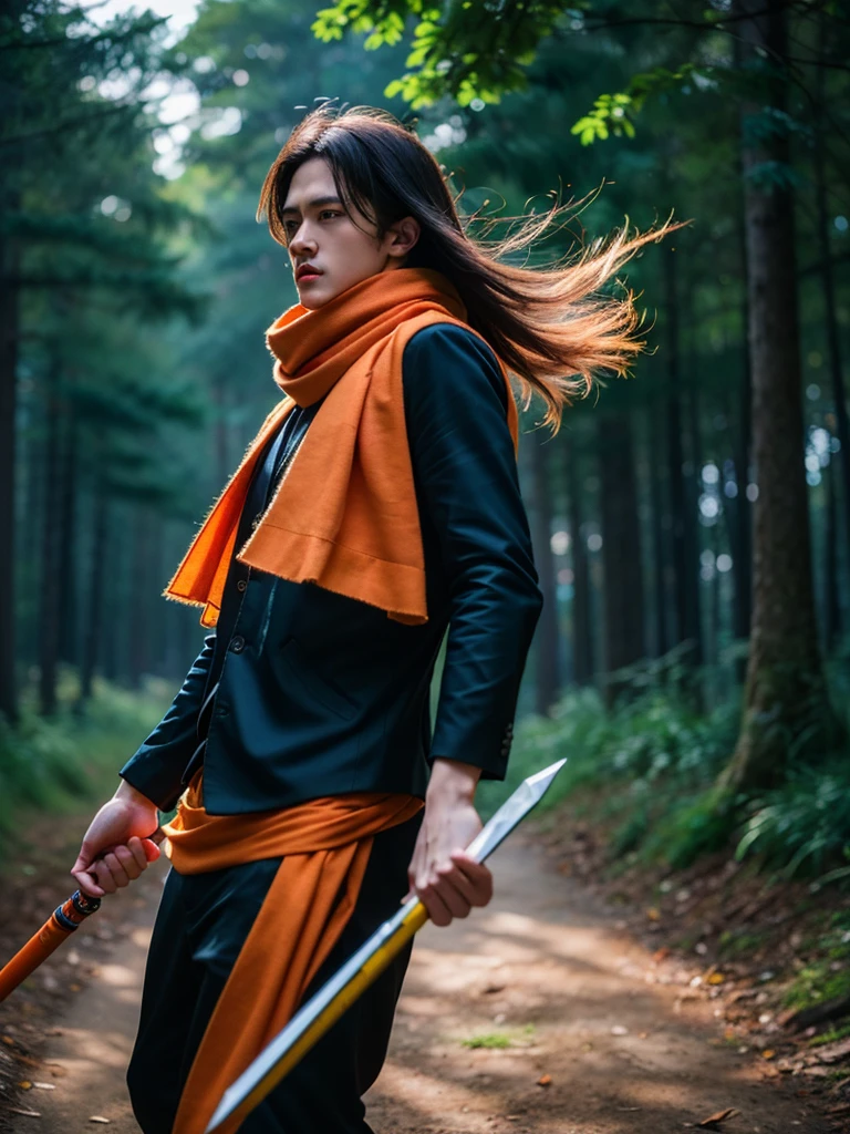 make to realistic, Extremely realistic, UHD, Focus, ((Best quality, 8K, Raw, Photography realistic:1.6)), (Masterpiece, Extremely high quality), (hyper realistic epic skin:1.5), A dynamic, high-energy image of a young man in an anime-inspired ninja outfit, featuring bright yellow spiky hair and striking orange pants. He is wielding a black kunai knife with a fierce expression, showcasing his intense determination. The background is a mystical forest with tall, dark trees, creating a dramatic atmosphere. The character wears a black jacket with a red scarf flowing in the wind, capturing a moment of action. Photorealistic style, vibrant colors, cinematic lighting, and sharp focus.