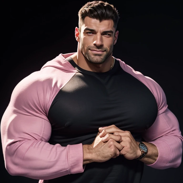 a very handsome, happy, friendly, massively muscular man, with massively large muscles, with massively large biceps, with massively large arms, massively muscular legs, wearing a simple pink sweatshirt with sleeves, on a black background