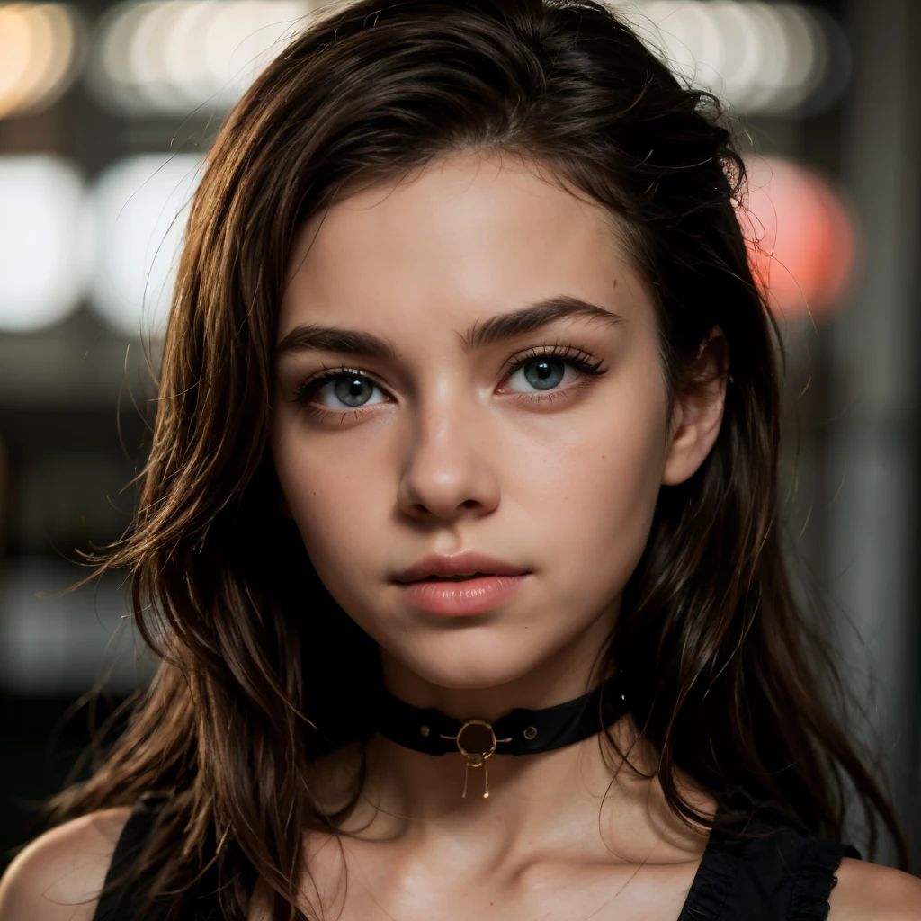 (HD photograph:1.6), best quality, professional portrait, ultra detailed, 8k, professional lighting, f2.8, headshot, pretty 18 year old girl, cute, perfect skin, (long dark hair:1.2), highly detailed eyes, mascara, heavy eye makeup, choker, detailed skin, very busty, (pale skin:1.2), bokeh