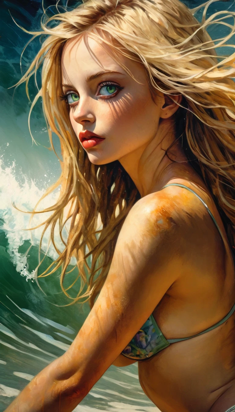 Woman, riding a surfboard, hand on the wave, very big wave, long blonde hair, sexy, messy hair,bikini, green eyes, bright pupils, sun (unparalleled beauty: 1.5), rear view, portrait, sharp focus , perfect hands, perfect light, eroticism, sexy, oil painting, sensual, photorealistic, intricate details, masterpiece, ultra detailed, high quality, 8k, best quality, realistic, cinematic, expressionist, powerful composition, emotional impact, (best quality,4k,8k,highres,masterpiece:1.2),ultra-detailed,(realistic,photorealistic,photo-realistic:1.37),intricate details,vivid colors,sharp focus,professional,Dave McKean artwork, oil touch of surrealism,oil painting style,portrait,woman,beautiful detailed eyes,beautiful detailed lips,dreamlike atmosphere,shadow play,soft lighting,playful pose,dark hues,ethereal background,fantasy elements,texture,layered composition.