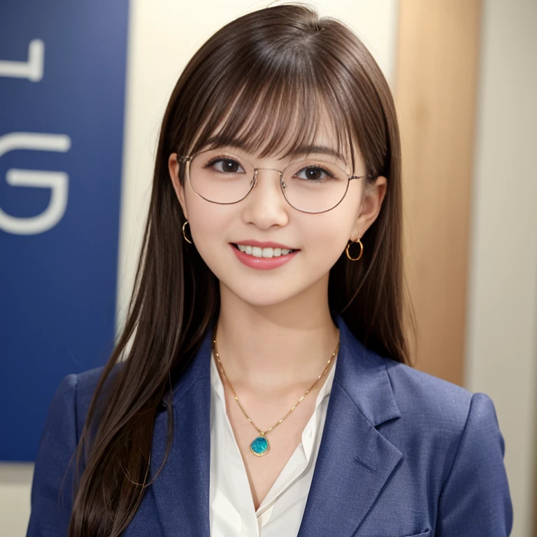Highest quality:1.2), RAW Photos, High resolution, Very detailed, Intricate details, 、ear piercing、smile、Emphasis on teeth、、Long Hair、Brown Hair、 Glasses、(Front view, ), Clear beauty, , (High quality fabric, Office Lady Suits 、Jacket、Unbuttoned shirt、 Necklace around the neck、The background is the office、Dark eyeliner