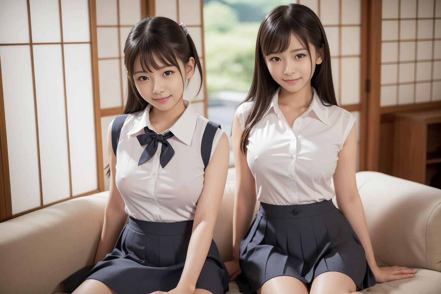((Highest quality, 8k, Masterpiece Details, Ultra-high resolution)), (Looking at the audience), (Full Shot:), 魅力的な5-peopleの女の子, 5-people, Slender:0.25, A white, sleeveless, see-through, tight shirt with buttons on the collar and chest., Grey tight skirt, (Sitting on the sofa), smile,Big Breasts、Erect nipples、(Elementary school girl in Japan:1.3), Adorable expression、Expressions of happiness、、height: 145cm、Baby Face、Amazingly cute、Cute type