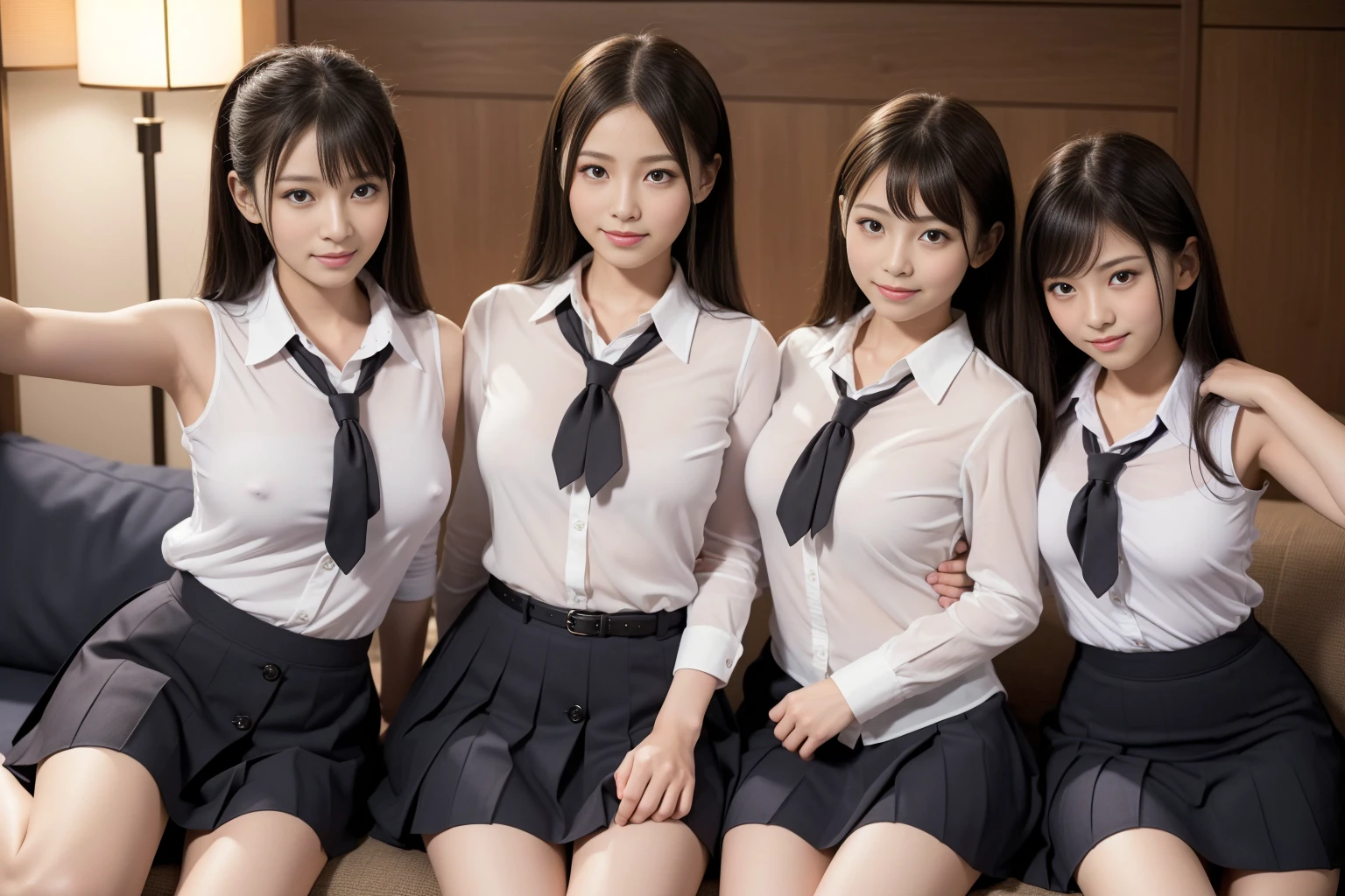((Highest quality, 8k, Masterpiece Details, Ultra-high resolution)), (Looking at the audience), (Full Shot:), 魅力的な5-peopleの女の子, 5-people, Slender:0.25, A white, sleeveless, see-through, tight shirt with buttons on the collar and chest., Grey tight skirt, (Sitting on the sofa), smile,Big Breasts、Erect nipples、(Elementary school girl in Japan:1.3), Adorable expression、Expressions of happiness、、height: 145cm、Baby Face、Amazingly cute、Cute type