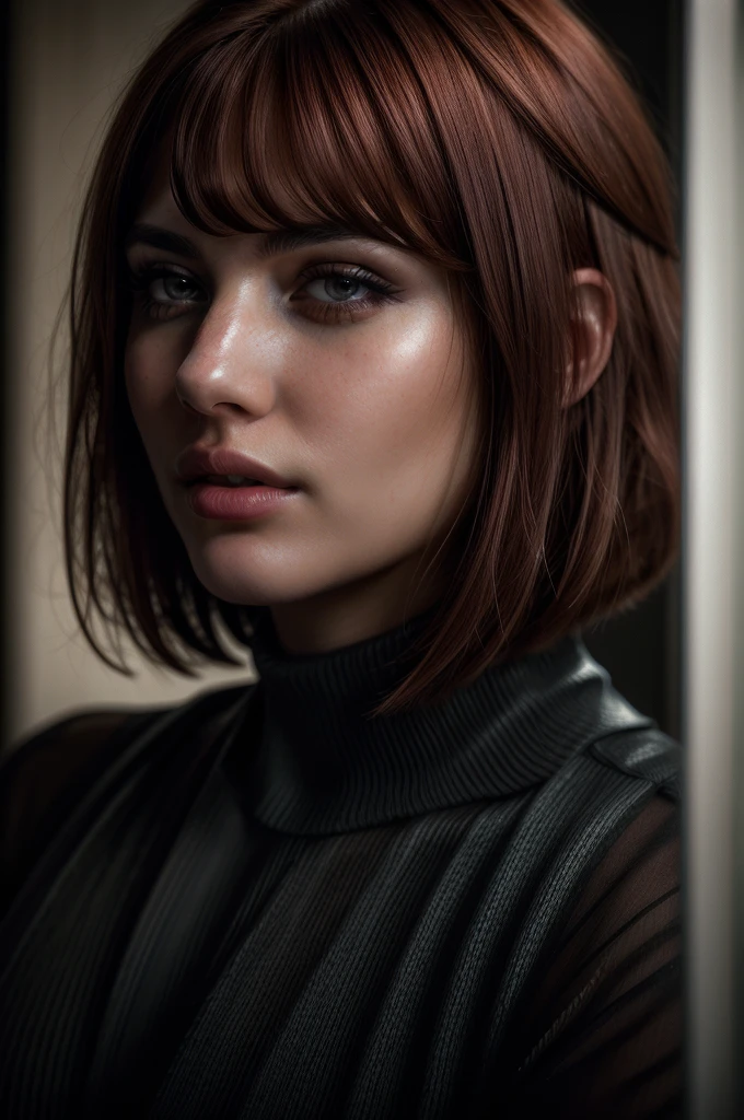 A girl with reddish hair, close-up portrait, bobcut hairstyle, cowboy-style shooting, detailed eyes and face, beautiful detailed lips, extremely detailed eyes and face, longeyelashes, intricate hairstyle, cinematic lighting, dramatic contrast, hyper-realistic, 8k, best quality, (photorealistic:1.37), (masterpiece:1.2), ultra-detailed, digital art, portrait, headshot, cinematic style