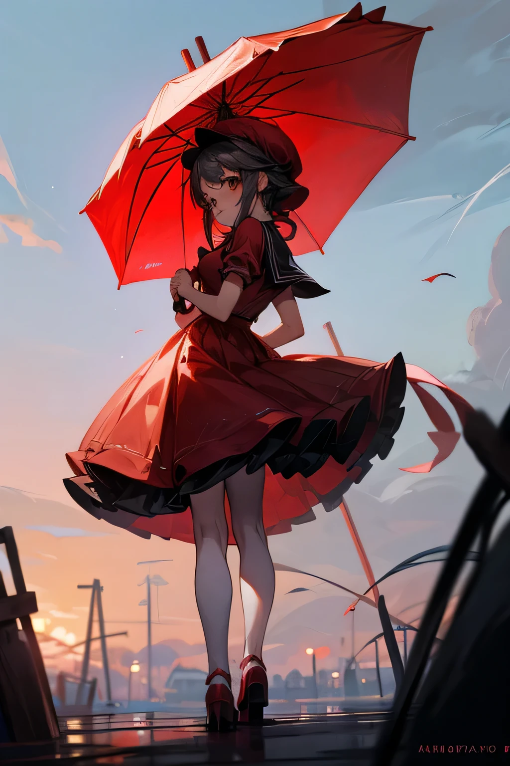 Wearing a red dress，Wearing a red hat，Anime girl holding a red umbrella, Cute anime girl in a beautiful skirt,
