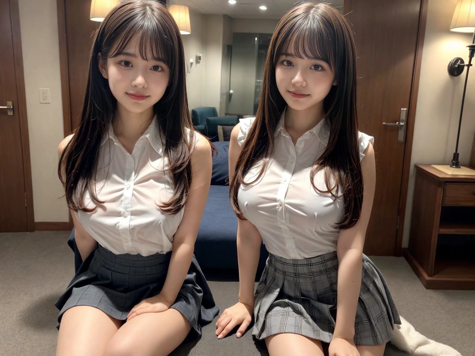 masterpiece, Highest quality, figure, Very detailed, The finer details, High resolution, 8k,wallpaper, Perfect dynamic composition,(Detailed high quality, Realistic depiction of eyes:1.3), (Three Girls), A white, sleeveless, see-through, tight shirt with buttons on the collar and chest., Grey tight skirt, Seraphim, Sitting, Leg spread, Short Bob Hair, In the background a hotel room, Deep in the field, Large Breasts, Black hair color, Big Natural Color Lip, (Perfect figure), smile、Harajuku Style、Elementary school girl in Japan:1.3), Adorable expression、Expressions of happiness、10 years old、height: 145cm、Baby Face、Amazingly cute、Cute type、Beautiful feet, Idol Sculpture、Big Breasts、Erect nipples