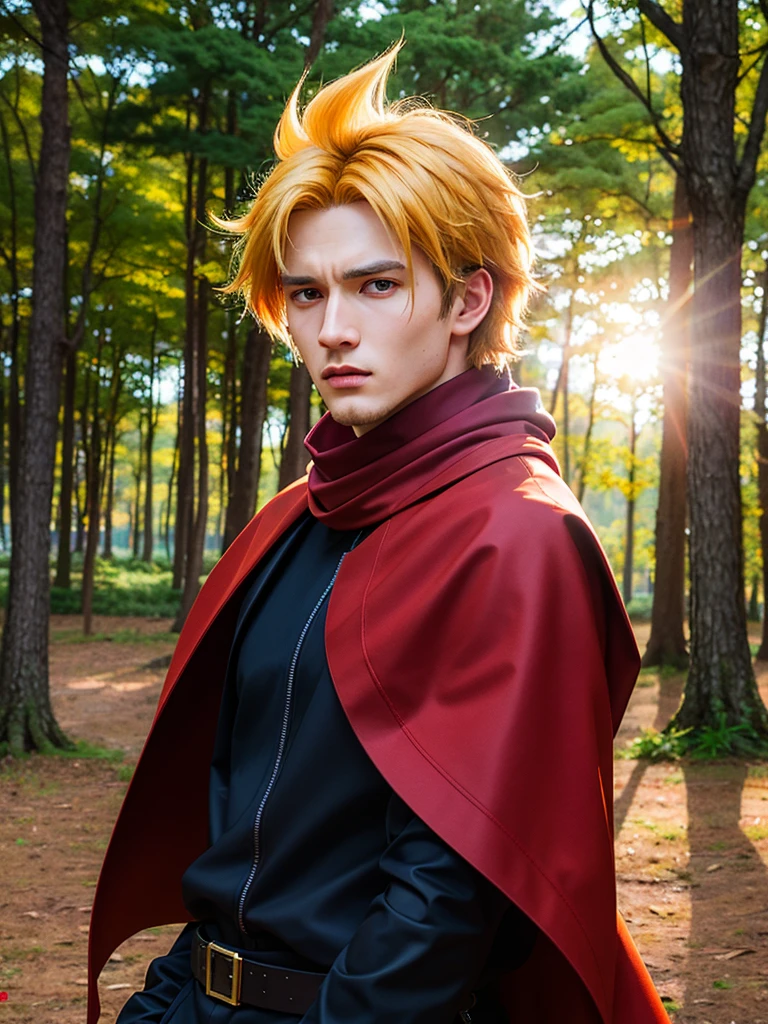 make to realistic, Extremely realistic, UHD, Focus, ((Best quality, 8K, Raw, Photography realistic:1.6)), (Masterpiece, Extremely high quality), (hyper realistic epic skin:1.5), A dynamic, high-energy image of a young man in an anime-inspired ninja outfit, featuring bright yellow spiky hair and striking orange pants. He is wielding a black kunai knife with a fierce expression, showcasing his intense determination. The background is a mystical forest with tall, dark trees, creating a dramatic atmosphere. The character wears a black jacket with a red scarf flowing in the wind, capturing a moment of action. Photorealistic style, vibrant colors, cinematic lighting, and sharp focus.