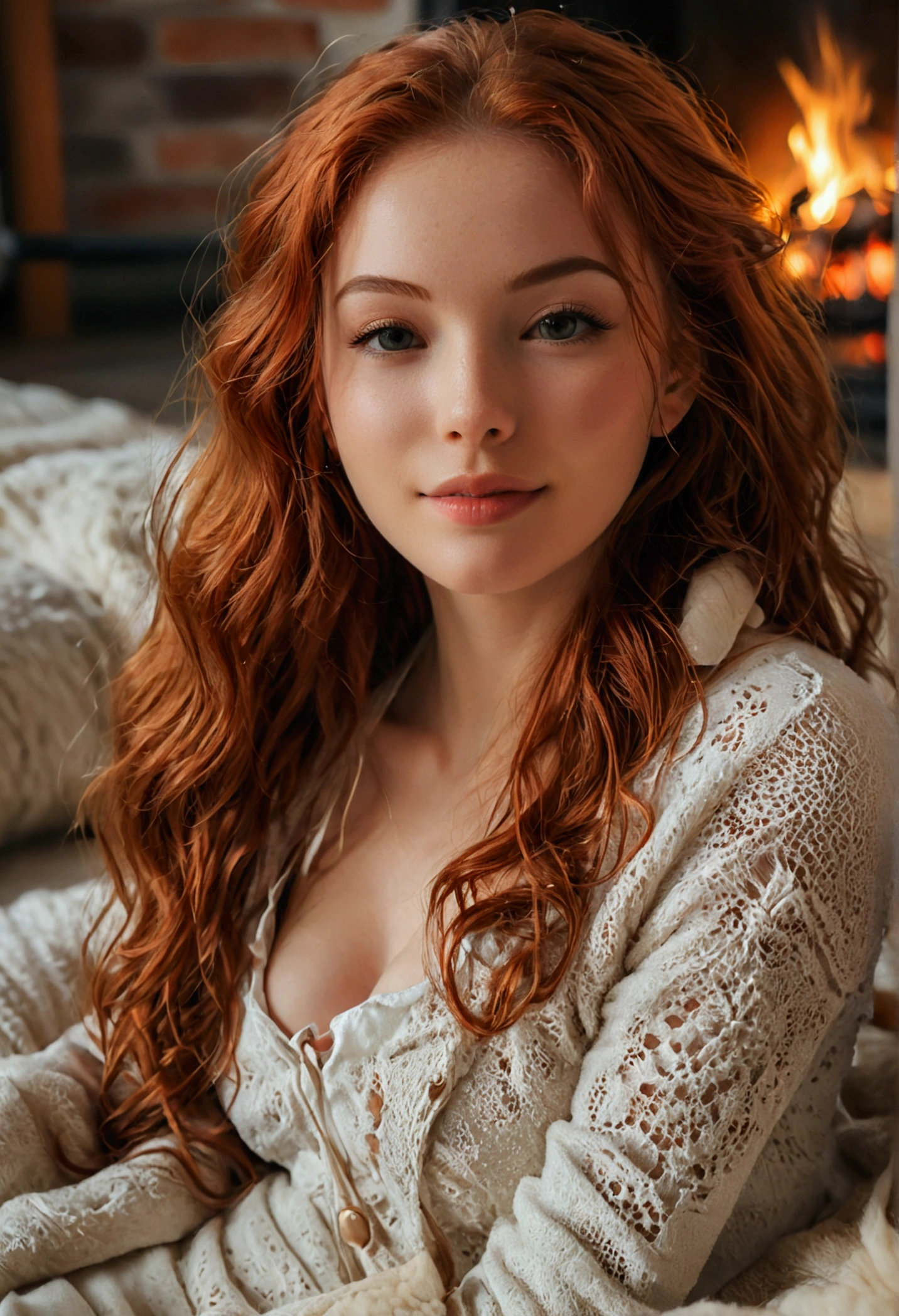 (full body shot:1) photorealistic image of a (laying pose:1) woman, ultrarealistic, photography, long red hair, woman, 24 years old, hourglass figure, perfect body, Flirty look, natural medium breasts, blur background, photorealistic, best quality, hyper detailed, selfie photo, upper body, solo, wearing loungewear, indoors, (evening), cozy home, fireplace, (comfortable), skin texture with perky 30G visible under clothing, film grain, close up, ultra high res, best shadow, RAW, instagram LUT, flirty smile, long eyelashes, cat eye make-up