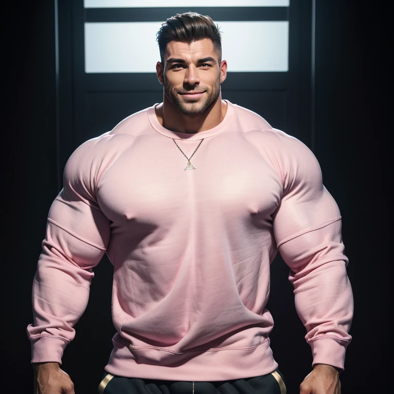 a very handsome, happy, friendly, massively muscular man, with massively large muscles, with massively large biceps, with massively large arms, massively muscular legs, wearing a simple pink sweatshirt with sleeves and white sweatpants, in a black background
