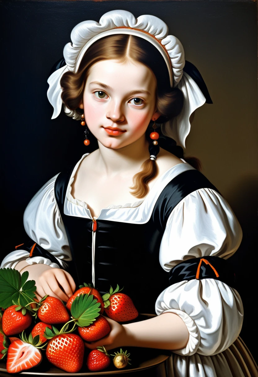 Girl with strawberry, correct details, 17th century, ((nicolaes maes detailing)), ((best quality)), ((masterpiece)), ((realistic)), (extreme detailing), ((nicolaes maes style))